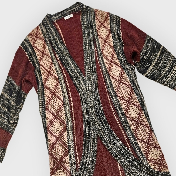 Open Front Long Knit Cardigan in Burgundy - Picture 5 of 15
